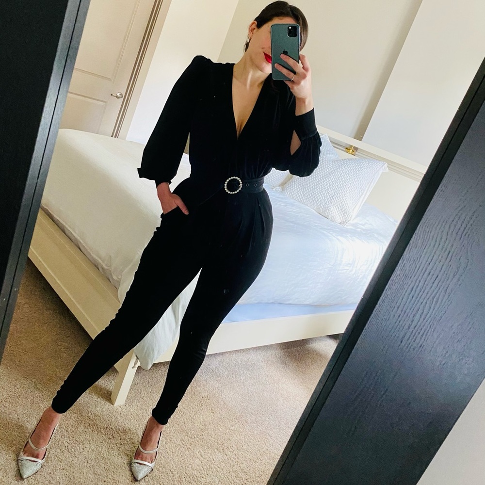 New Retrofete Rhinestone Belted Jumpsuit Sz XS